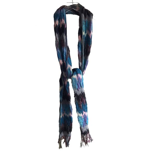 Blue Zig Zag Knit Scarf Fringed Marled Rectangular Wrap - Picture 3 of 14